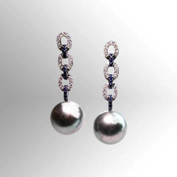Orecchini  brillanti e zaffiri con perla Tahiti - Ventrella Gioiellieri